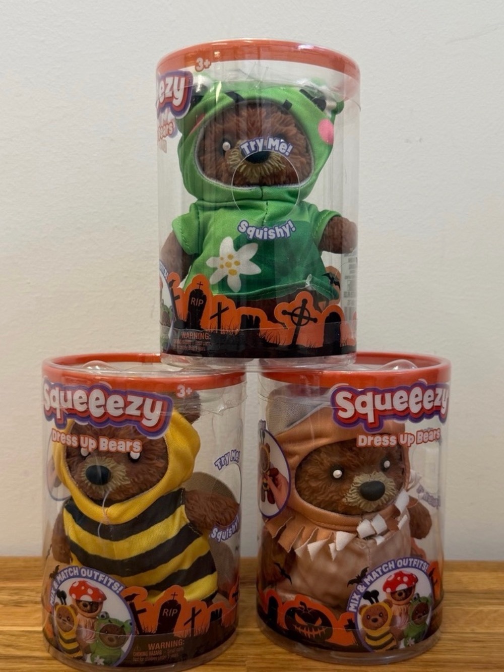 Squeezy Dress Up Bears Plush Toy - Green, Yellow, Brown
